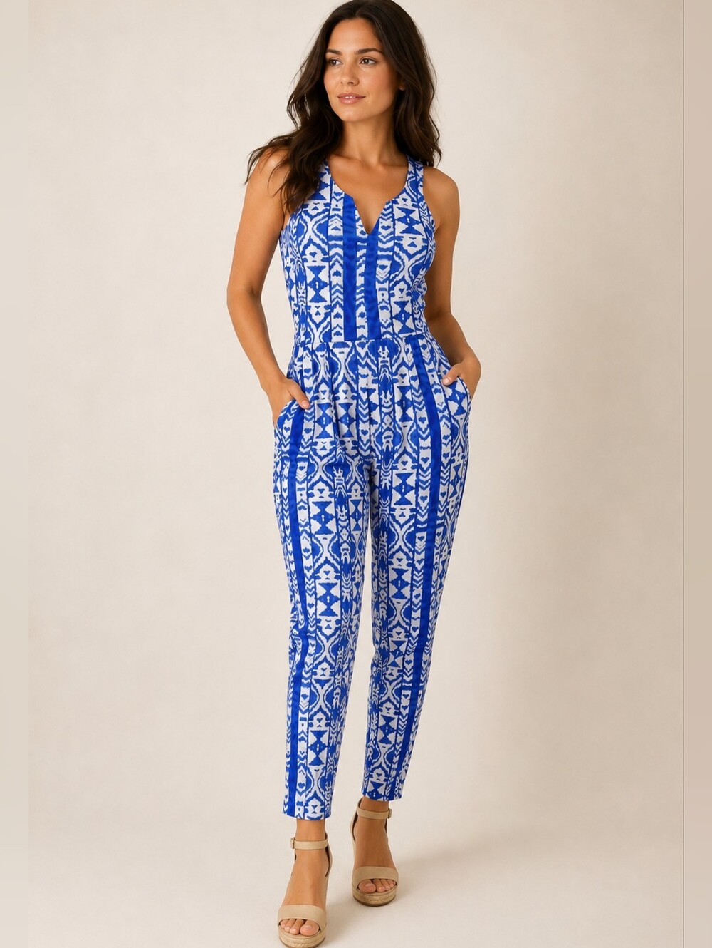 UK2LA Blue & White Printed Stretch Soft Knit  Sleeveless Jumpsuit, Size S